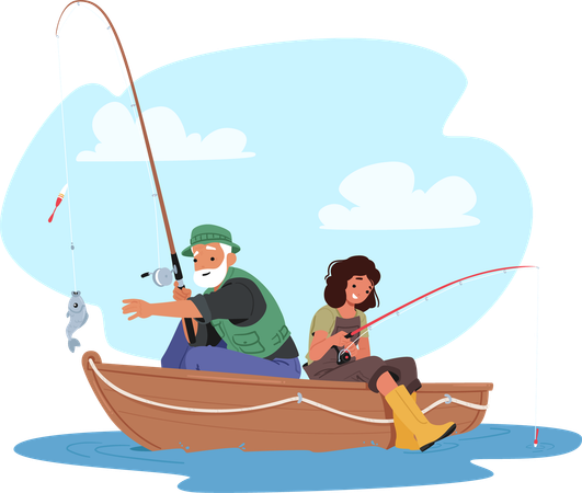 Elderly Man And Young Girl Engage In Fishing From Small Boat  Illustration