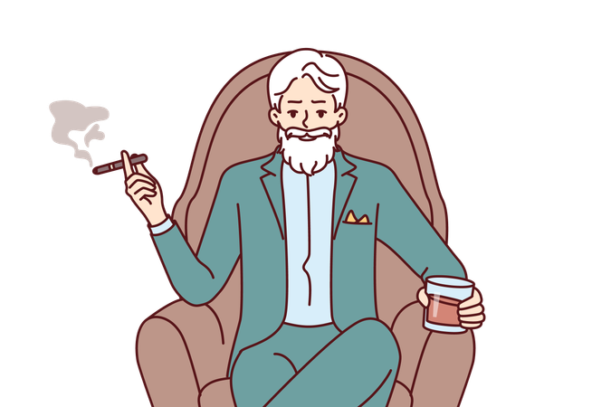 Elderly man aristocrat sits in armchair in expensive formal suit and drinks brandy with cigar  Illustration