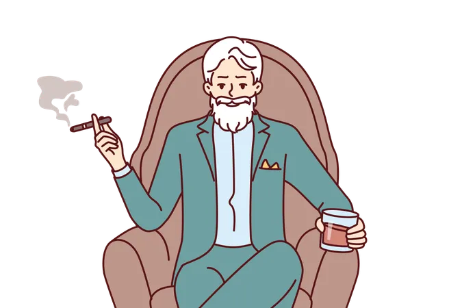 Elderly man aristocrat sits in armchair in expensive formal suit and drinks brandy with cigar  Illustration