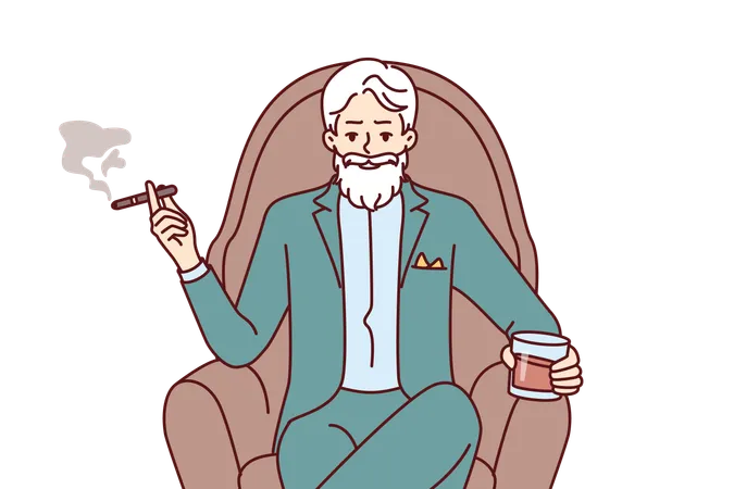 Elderly Man Aristocrat Sits In Armchair In Expensive Formal Suit And Drinks Brandy With Cigar Millionaire Aristocrat With Gray Mustache And Beard Poses Haughtily With Glass Of Alcohol Illustration