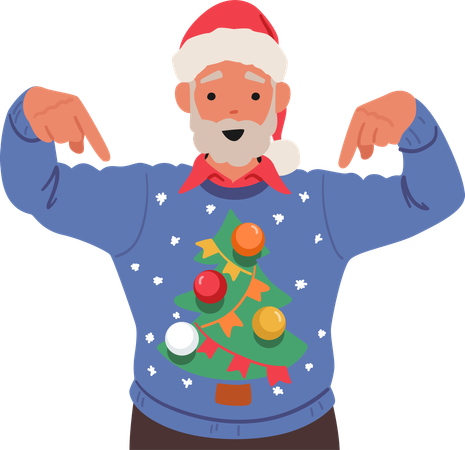 Elderly Man Character Dons A Festive Christmas Sweater With Decorated Pine Tree Pattern  イラスト