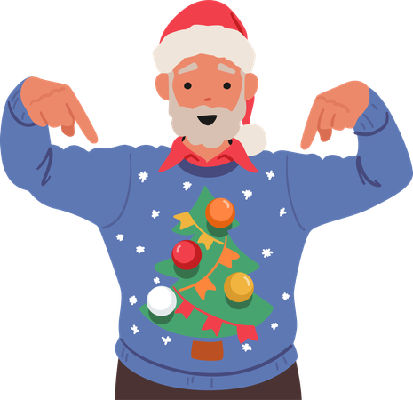 Elderly Man Character Dons A Festive Christmas Sweater With Decorated Pine Tree Pattern  Illustration