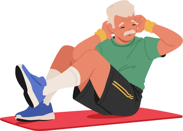 Elderly Man Character Happily Sitting On Yoga Mat  Illustration