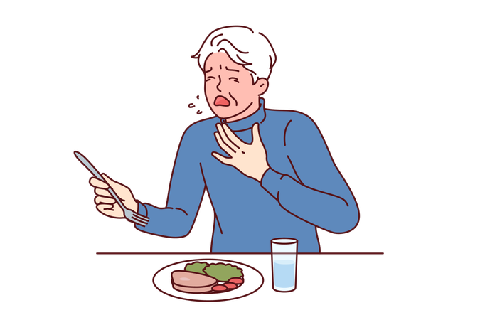 Elderly man choked eating and coughed  イラスト