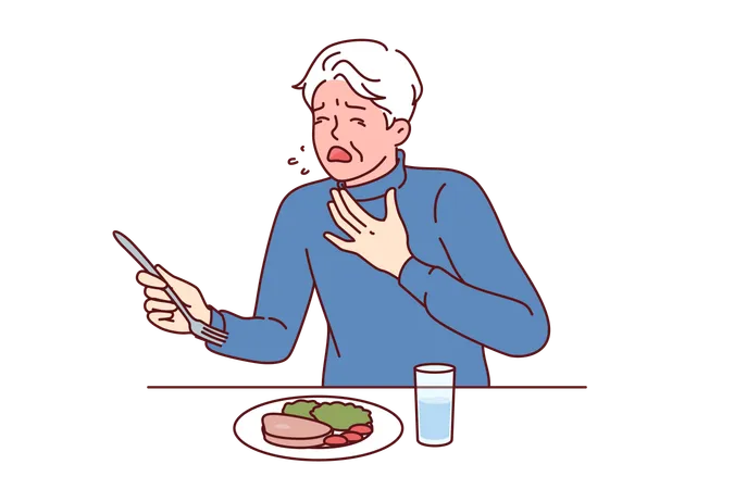 Man Choked Eating And Coughed Needing Help And Blushing Feeling Lack Of Air Elderly Person Is Choking And Experiencing Problems Due To Allergy To Foodstuffs Or Poor Quality Dish Served In Restaurant Illustration