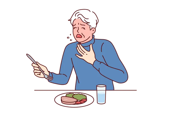 Elderly man choked eating and coughed  Illustration