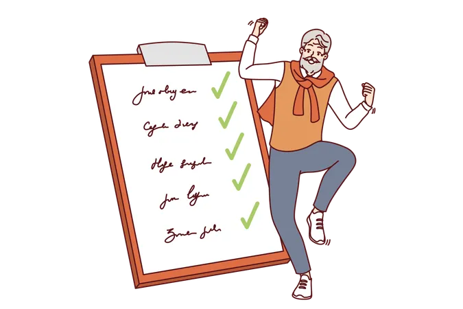 Elderly Man Completed All Tasks And Dancing Near Giant Clipboard With List Of Goals And Checkmarks Gray Haired Happy Pensioner Celebrating Achievement Of Set Goals After Retirement Illustration