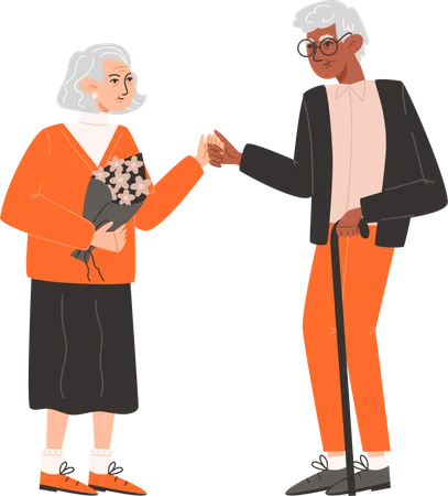An Elderly Man Congratulates His Beloved On Valentines Day And Gives Flowers Illustration