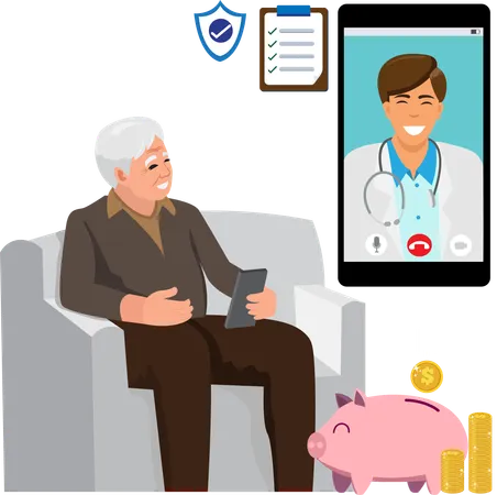 Elderly man consults a doctor online  Illustration