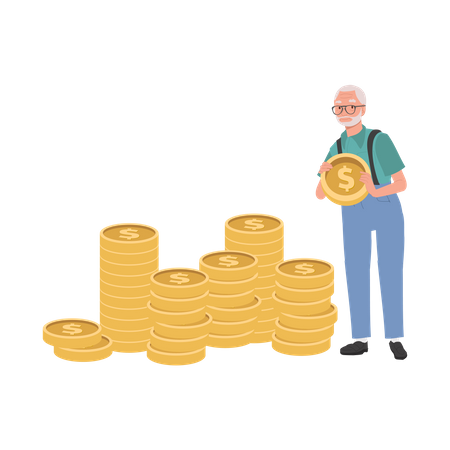 Elderly man Creating a Coin Stack for Savings and Retirement  Illustration