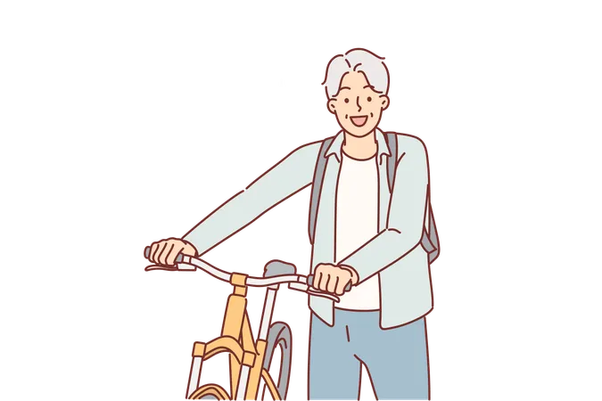 Elderly Man Cyclist Stands Near Bicycle And Looks At Screen Smiling While Cycling Through Park Old Male Moves Around City On Bicycle Refusing To Use Gasoline Vehicles To Care For Environment Illustration