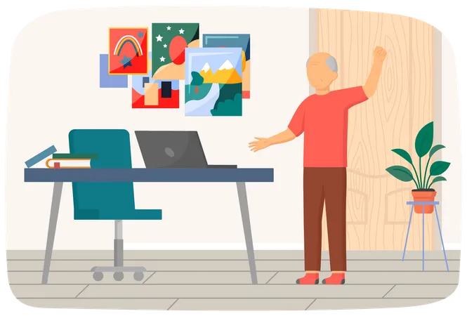 Elderly Man Repeats Exercises After Video On Screen Old Male Character With Laptop Is Doing Morning Work Out Home Meditation Relaxation And Breathing Exercises Senior Person Deals With Technology Illustration