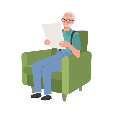 Elderly Man Enjoying Tranquil Reading Of Newspaper On Cozy Couch Flat Vector Cartoon Illustration Illustration