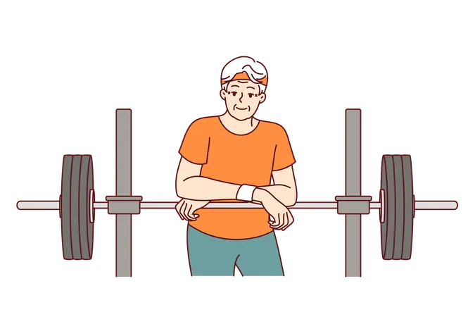 Elderly Man With Barbell For Training Works As Fitness Trainer In Sports Club And Smiling Looks At Screen Male Pensioner In Sportswear Poses In Gym And Recommends Doing Sports To Support Health Illustration