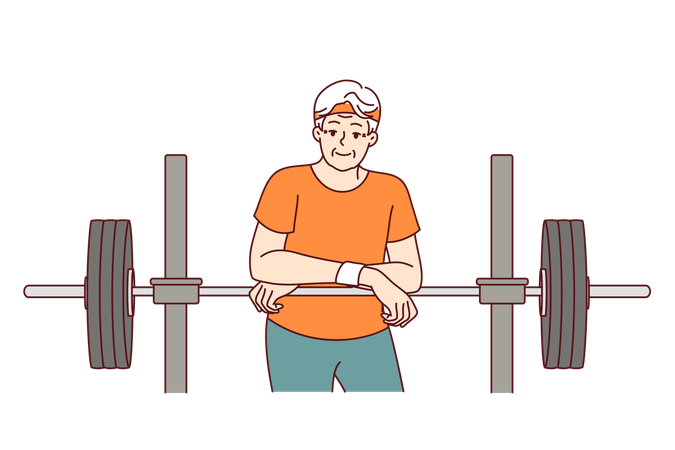 Elderly man exercises with barbell for training  Illustration