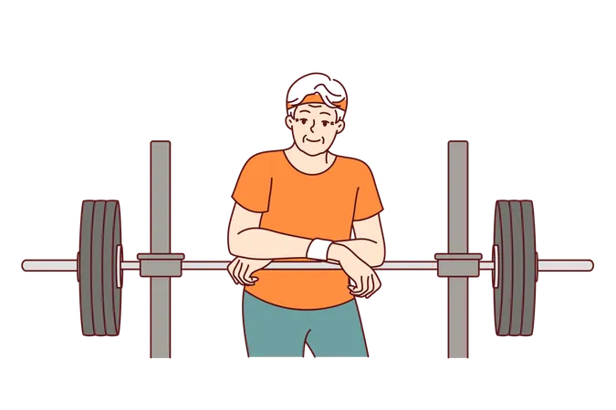 Elderly man exercises with barbell for training  Illustration