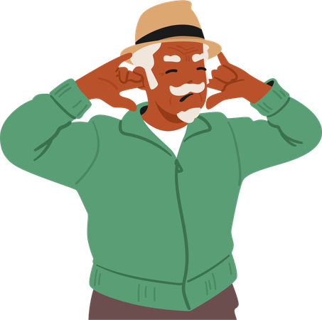 Elderly Man Expressing Discomfort By Shutting His Ears With Indignant Expression  Illustration