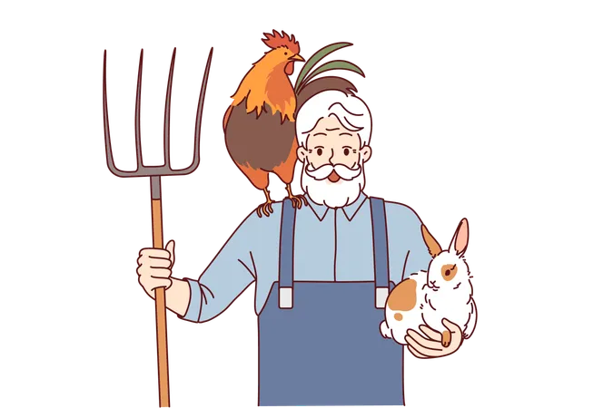 Elderly man farmer engaged in agriculture and livestock raising holds rake and rabbit with rooster  Illustration