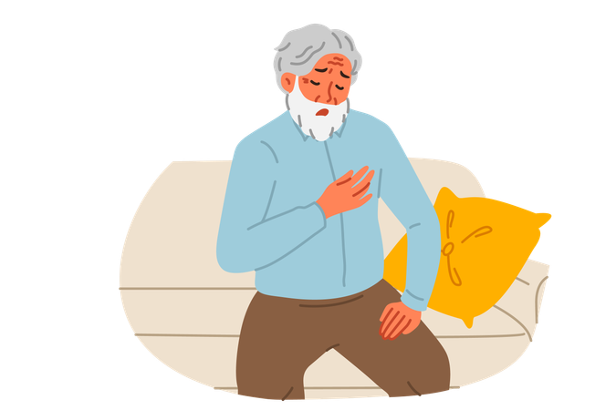 Elderly man feels pain in heart sitting on couch and needs emergency medical care  Illustration