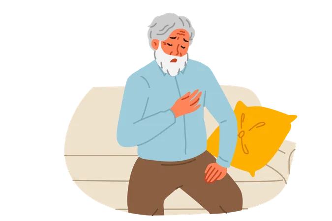 Elderly man feels pain in heart sitting on couch and needs emergency medical care  Illustration