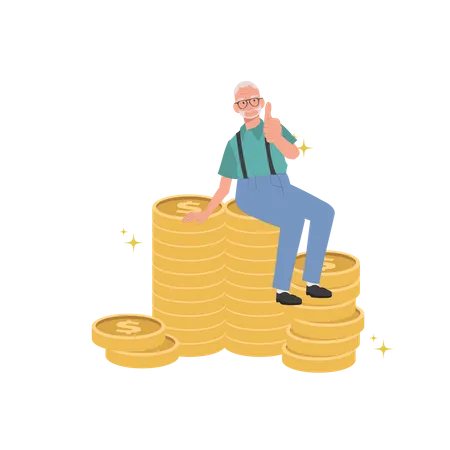Positive Senior Lifestyle Elderly Man Gives Thumbs Up On Currency Stack Flat Vector Cartoon Illustration Illustration