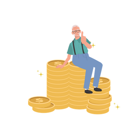 Elderly man Gives Thumbs Up on Currency Stack  Illustration