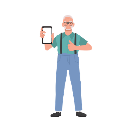 Elderly man Giving Thumbs Up as Approval to Smartphone  Illustration