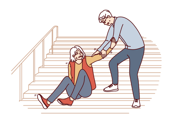 Elderly man helps fallen gray-haired old woman  Illustration