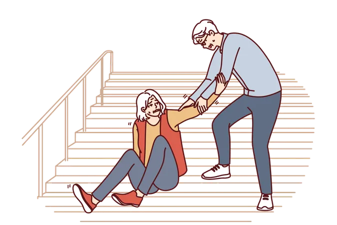 Elderly Man Helps Fallen Old Woman Up While Descending Street Staircase Gray Haired Caring Grandfather Provides First Aid To Grandmother Who Has Fallen On Walk And Descending Stairs Illustration