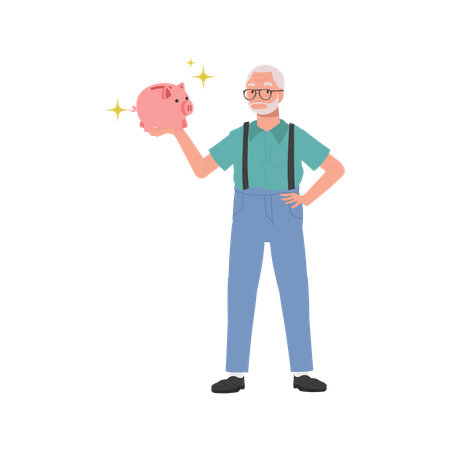 Elderly man Holding Piggy Bank.  Illustration