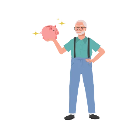 Elderly man Holding Piggy Bank.  Illustration