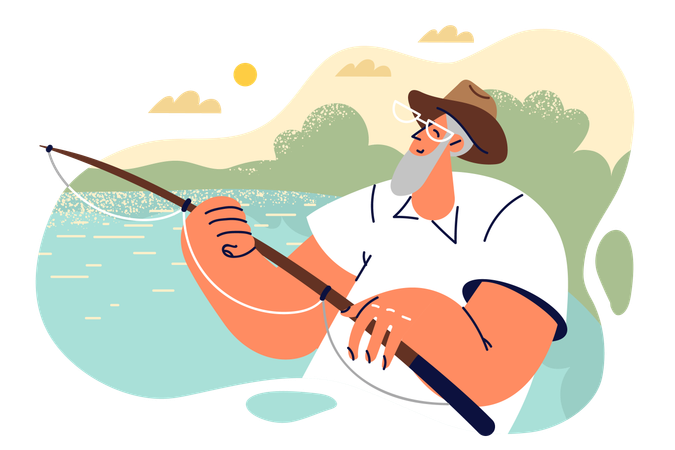 Elderly man holds fishing rod and catches fish sitting in boat or on sea pier in picturesque place  Illustration