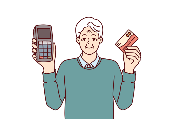 Elderly man holds POS terminal and card for making cashless payments in supermarket  Illustration