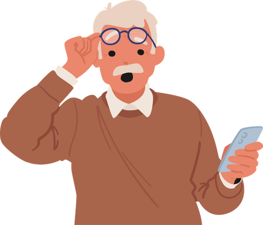 Elderly Man In A Casual Outfit Looking Surprised While Holding Smartphone  Illustration