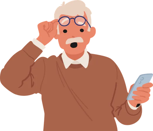 Elderly Man In A Casual Outfit Looking Surprised While Holding Smartphone  Illustration