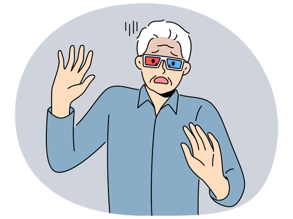 Elderly man in cinema glasses gets scared sees 3d special effects in movie for first time  Illustration
