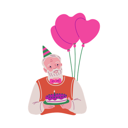 Elderly man in festive hat holding cake  Illustration