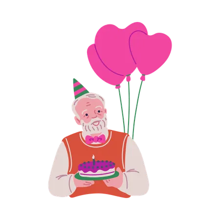Elderly man in festive hat holding cake  Illustration
