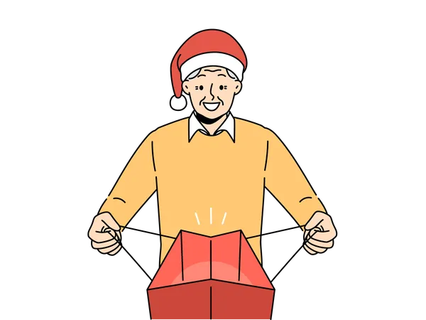 Elderly man in santa claus hat opens package with christmas gift and smiles with joy at receiving present on new year eve  イラスト