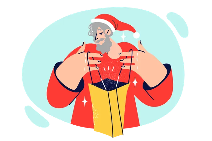Elderly Man In Santa Suit Looks Into Paper Bag Given To By Children Or Grandchildren For Christmas Gray Haired Santa Claus Holds Present From Relatives For Concept Of New Year Sales Illustration