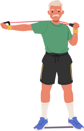 Elderly Man in Sportswear Using A Resistance Band For Exercises and Training at Home  Illustration