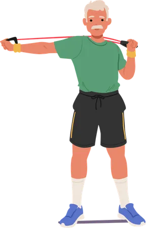 Elderly Man in Sportswear Using A Resistance Band For Exercises and Training at Home  Illustration