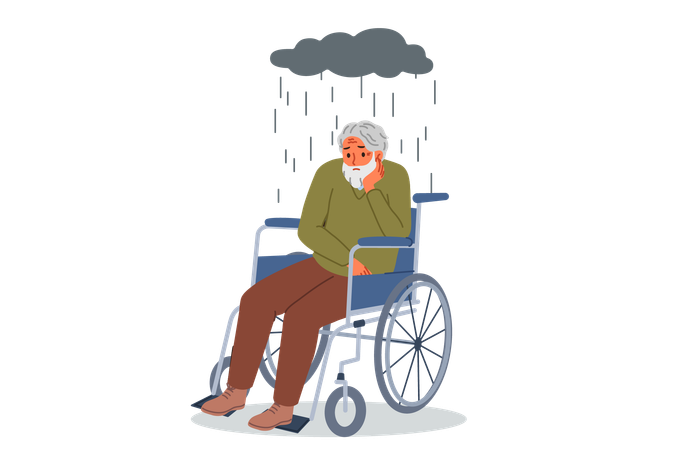 Elderly man in wheelchair and sitting under rain cloud  Illustration