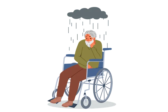 Elderly man in wheelchair and sitting under rain cloud  Illustration