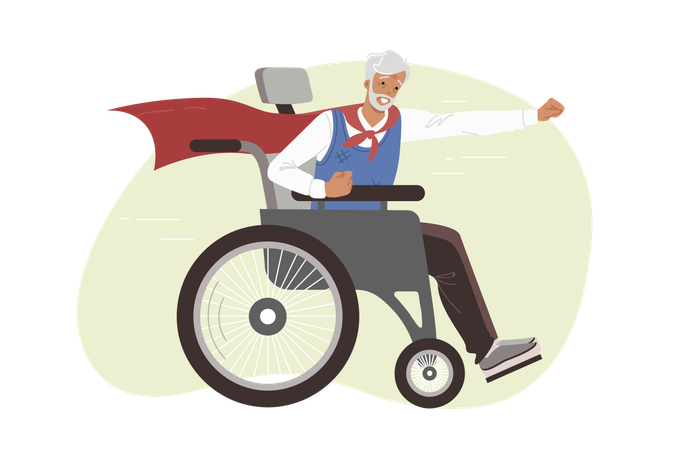 Elderly man in wheelchair feels surge of strength thanks to superhero cape and medicine  Illustration