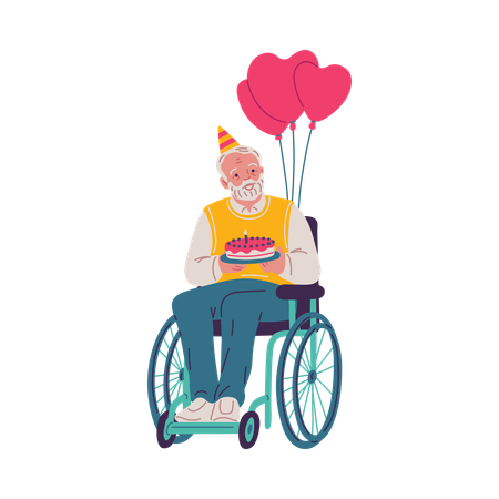 Elderly man in wheelchair holding cake and balloons  Illustration