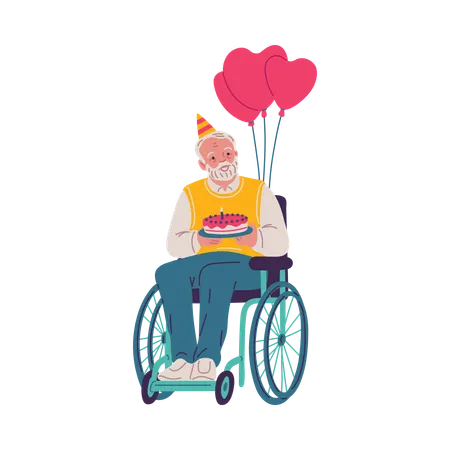 Elderly man in wheelchair holding cake and balloons  Illustration