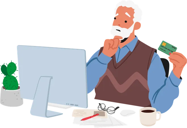 Elderly Man Stares At A Computer Screen Bewildered By Online Payment Options His Wrinkled Face Reflects Confusion As He Navigates The Digital Landscape Of Modern Transactions Vector Illustration Illustration