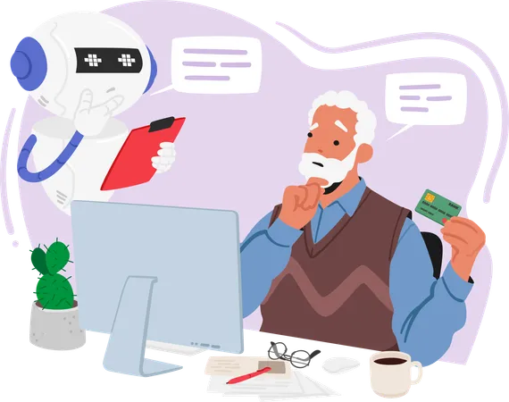 Elderly Man Assisted By A Friendly Chatbot Navigates Online Payments Ensuring Secure Transactions And A Digital Experience In The Realm Of Technology Character Cartoon People Vector Illustration Illustration