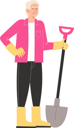 Elderly man is standing in gardening clothes and holding a spade  Illustration